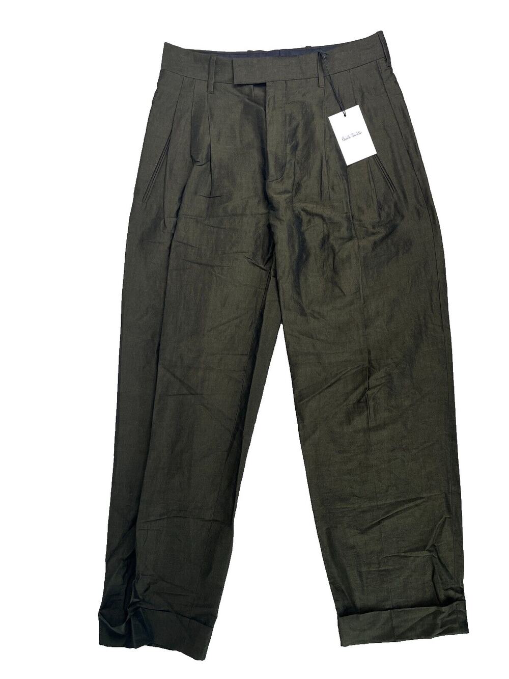 1-98 PAUL SMITH Men's Dress Pants Pleated 100% Silk Olive-Green 35x30